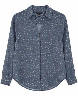Ann Taylor XS Slate Blue Coral Heart Print Button Down Blouse